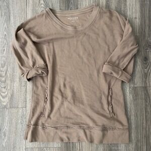 Soft Surroundings Taupe Brown Ruffle Pocket 3/4 Sleeve Pullover Top Small